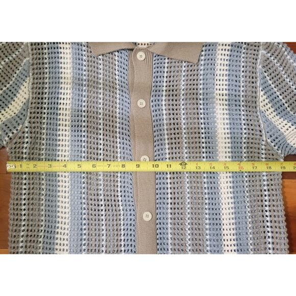 Massive Luxury Crochet Knit Polo Shirt Blue Striped Button Up Closure M Cotton - Picture 5 of 7